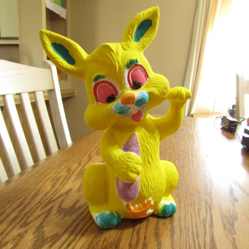 Kitschy Psychedelic Yellow Rabbit Easter Ceramic Rabbit Handpainted in U.S.A.